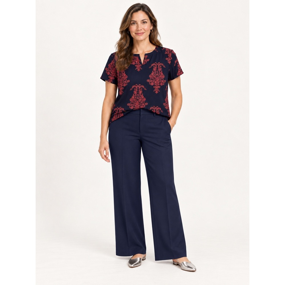 Loft Navy Blue Red Floral Damask Blouse MP Petite Boho Minimalist Short Sleeve